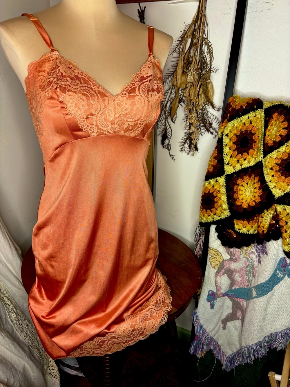 Hand Dyed 100% Nylon Lace Vintage Full Slip in Coral